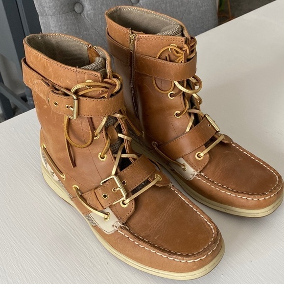 Sperry Top Sider Leather Upper Boots Gold Laces Lace Up Double Buckle Like New - Picture 1 of 17